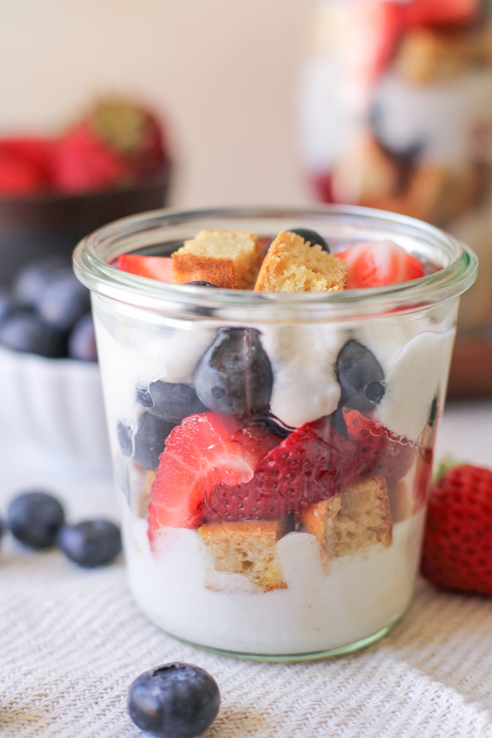 Paleo Mixed Berry Parfaits with Grain-Free Vanilla Cake and Coconut Whipped Cream | TheRoastedRoot.net #healthy #dessert #recipe #dairyfree #glutenfree #naturallysweetened