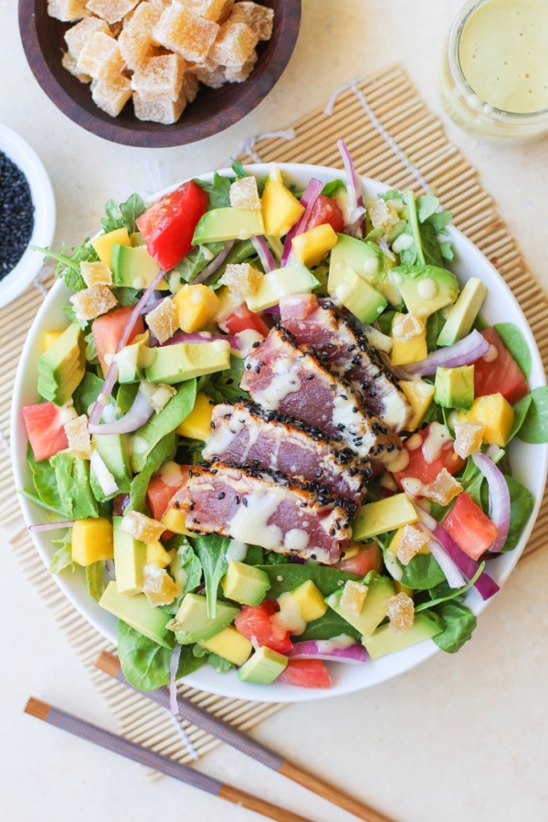 Seared Ahi Salad with Creamy Wasabi Dressing | TheRoastedRoot.net #healthy #dinner #recipe