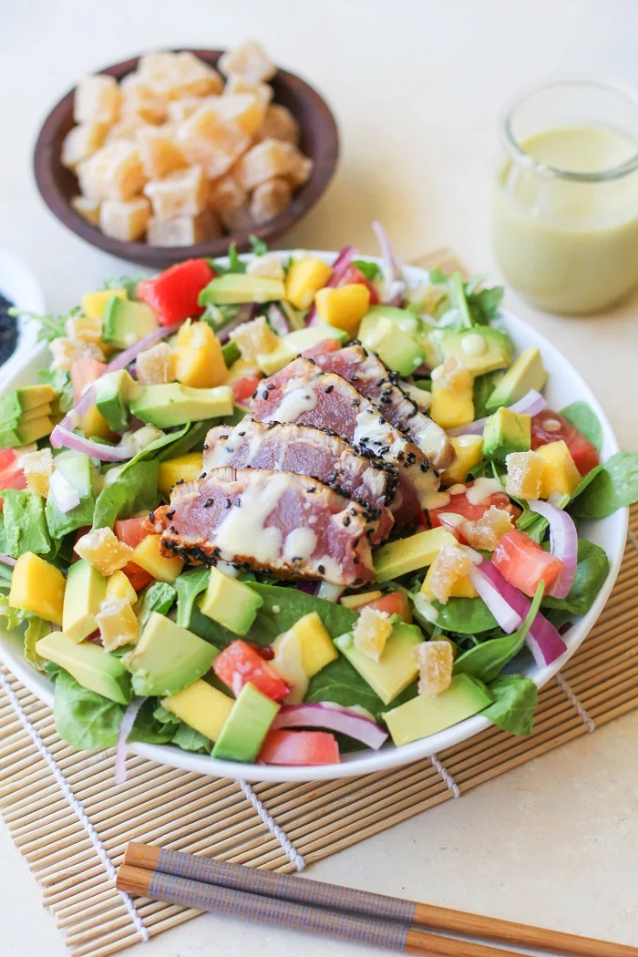 Seared Ahi Salad with Creamy Wasabi Dressing | TheRoastedRoot.net #healthy #dinner #recipe @frontiercoop