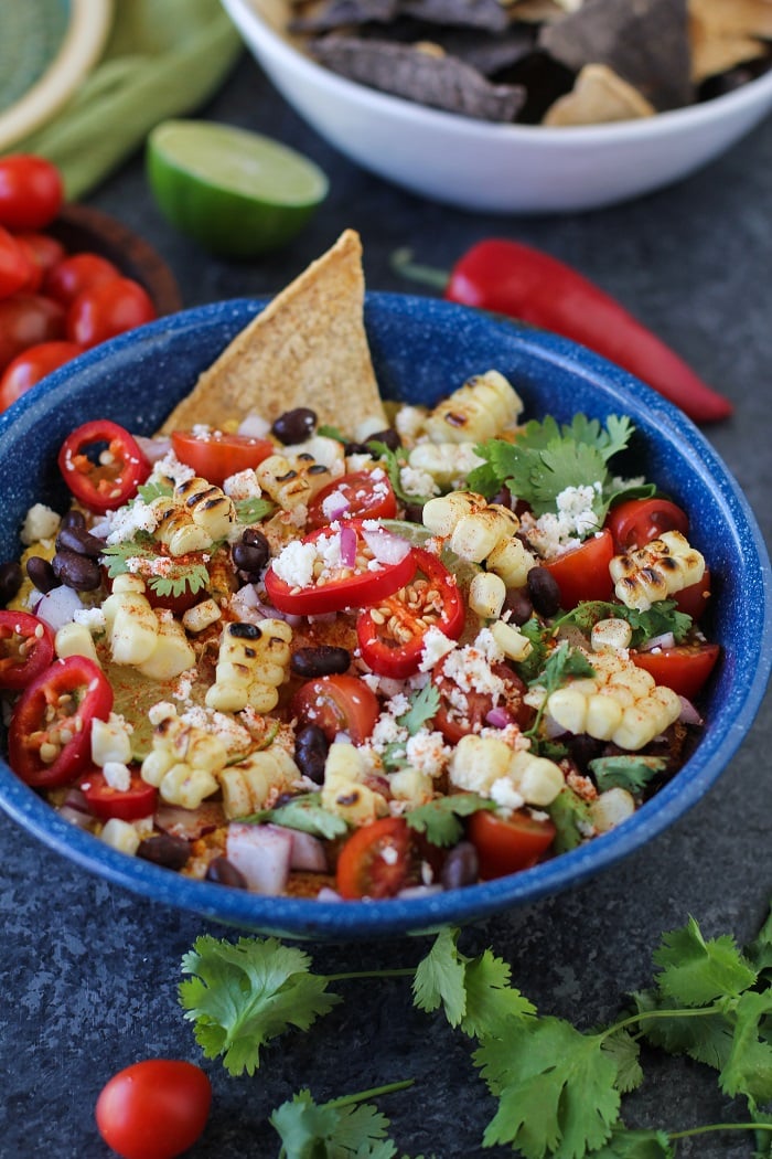 Mexican Street Corn Spicy Chipotle Hummus | TheRoastedRoot.net #recipe #appetizer @beanitos