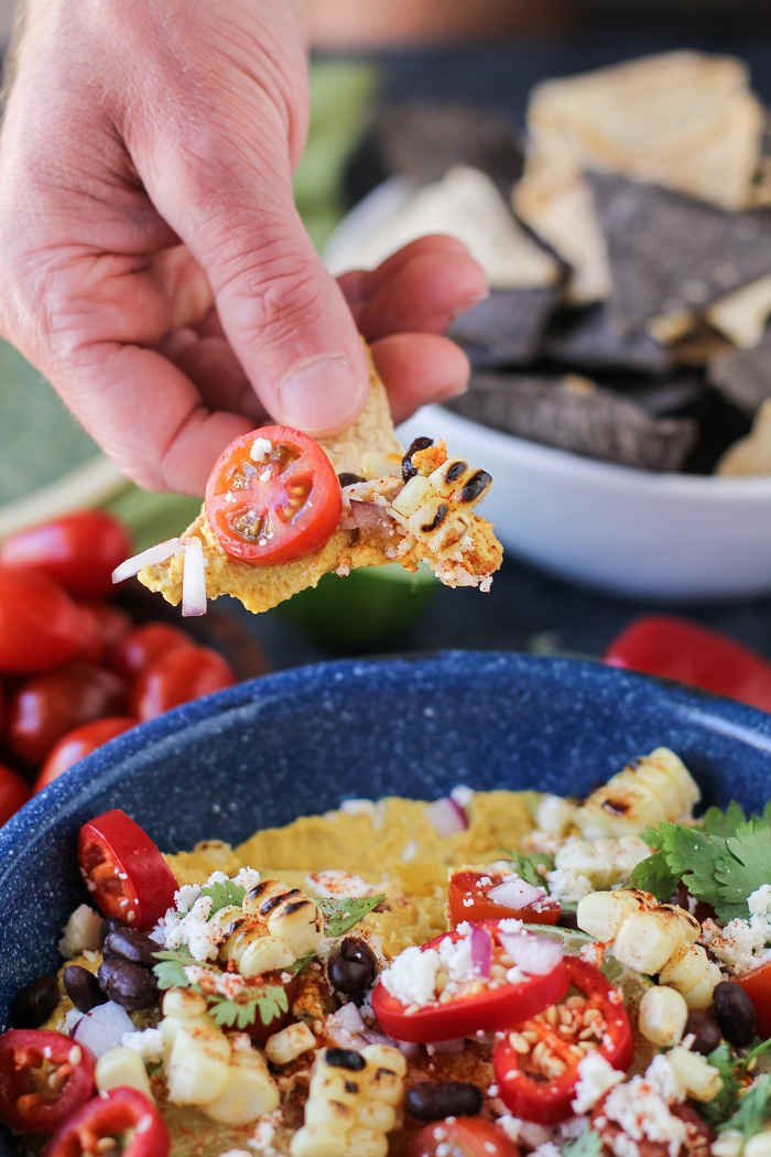 Mexican Street Corn Spicy Chipotle Hummus | TheRoastedRoot.net #recipe #appetizer @beanitos