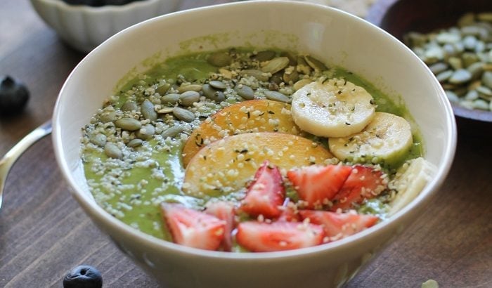 Rejuvenating Peach and Spinach Smoothie Bowls | TheRoastedRoot.net #healthy #vegan #recipe #greensmoothie #superfood