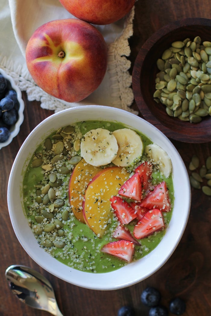 Rejuvenating Peach and Spinach Smoothie Bowls | TheRoastedRoot.net #healthy #vegan #recipe #greensmoothie #superfood