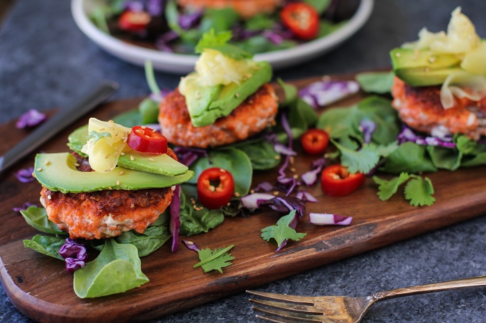 Asian Salmon Burgers with Avocado and Pickled Ginger | TheRoastedRoot.net #healthy #dinner #recipe #fish #glutenfree #copperriversalmon #wildalaskansalmon