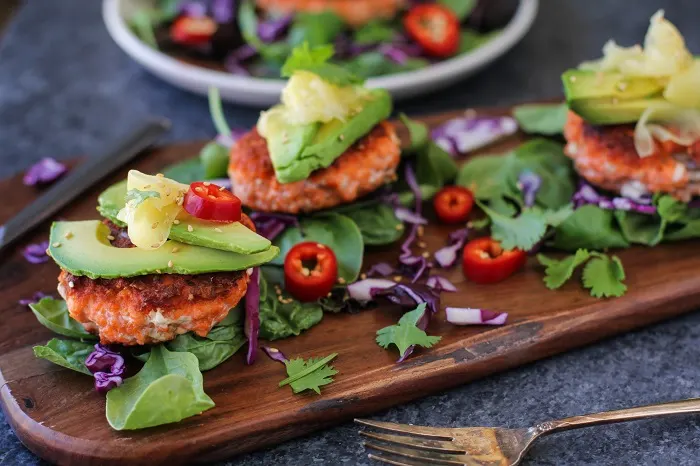 Asian Salmon Burgers with Avocado and Pickled Ginger | TheRoastedRoot.net #healthy #dinner #recipe #fish #glutenfree #copperriversalmon #wildalaskansalmon