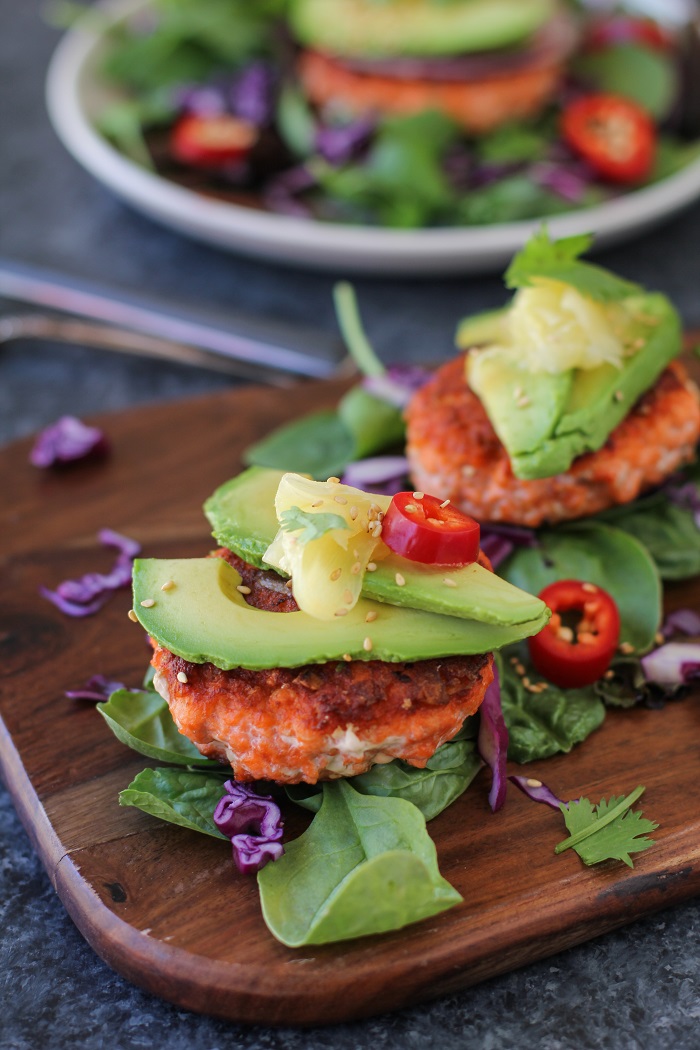 Asian Salmon Burgers with Avocado and Pickled Ginger | TheRoastedRoot.net #healthy #dinner #recipe #fish #glutenfree #copperriversalmon #wildalaskansalmon