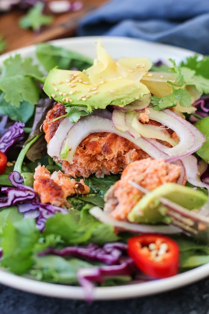 Asian Salmon Burgers with Avocado and Pickled Ginger | TheRoastedRoot.net #healthy #dinner #recipe #fish #glutenfree #copperriversalmon #wildalaskansalmon