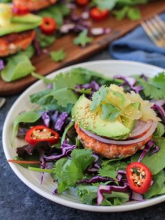 Asian Salmon Burgers with Avocado and Pickled Ginger | TheRoastedRoot.net #healthy #dinner #recipe #fish #glutenfree #copperriversalmon #wildalaskansalmon