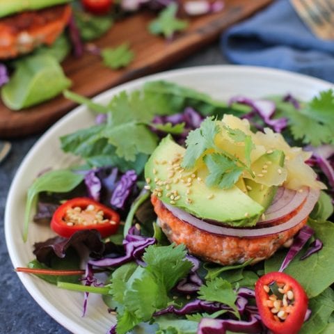 Asian Salmon Burgers with Avocado and Pickled Ginger | TheRoastedRoot.net #healthy #dinner #recipe #fish #glutenfree #copperriversalmon #wildalaskansalmon