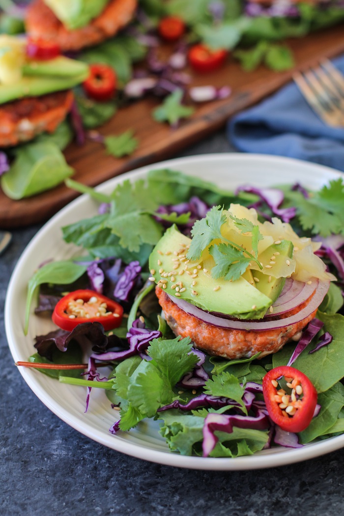 Asian Salmon Burgers with Avocado and Pickled Ginger | TheRoastedRoot.net #healthy #dinner #recipe #fish #glutenfree #copperriversalmon #wildalaskansalmon