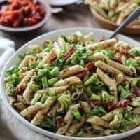 Kale Pesto Pasta Salad with Sun-Dried Tomatoes and Broccoli - a healthy side dish for summer BBQs and picnics | TheRoastedRoot.net #glutenfree