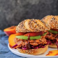 Vegan Pulled Jackfruit Sandwiches with Peach Bourbon Barbecue Sauce | TheRoastedRoot.net #healthy #vegetarian #recipe #dinner