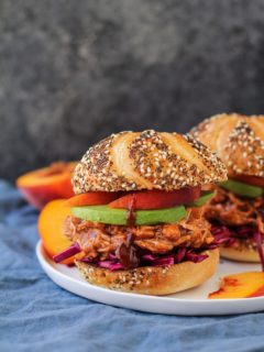 Vegan Pulled Jackfruit Sandwiches with Peach Bourbon Barbecue Sauce | TheRoastedRoot.net #healthy #vegetarian #recipe #dinner