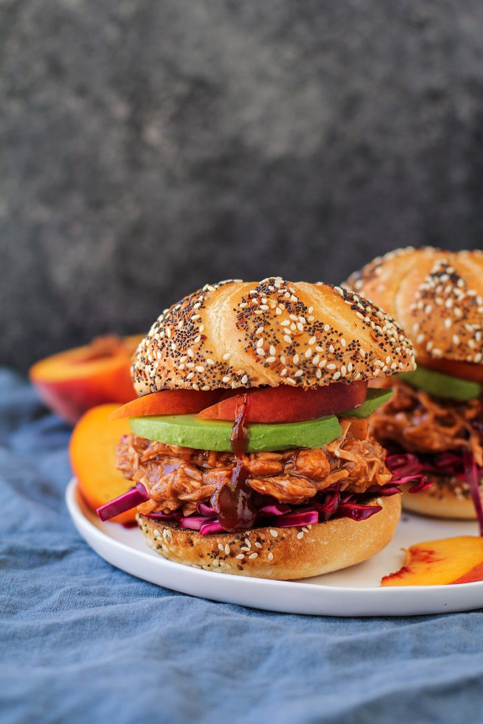 Vegan Pulled Jackfruit Sandwiches with Peach Bourbon Barbecue Sauce | TheRoastedRoot.net #healthy #vegetarian #recipe #dinner