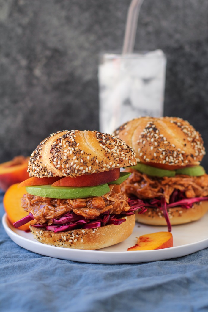 Vegan Pulled Jackfruit Sandwiches with Peach Bourbon Barbecue Sauce | TheRoastedRoot.net #healthy #vegetarian #recipe #dinner