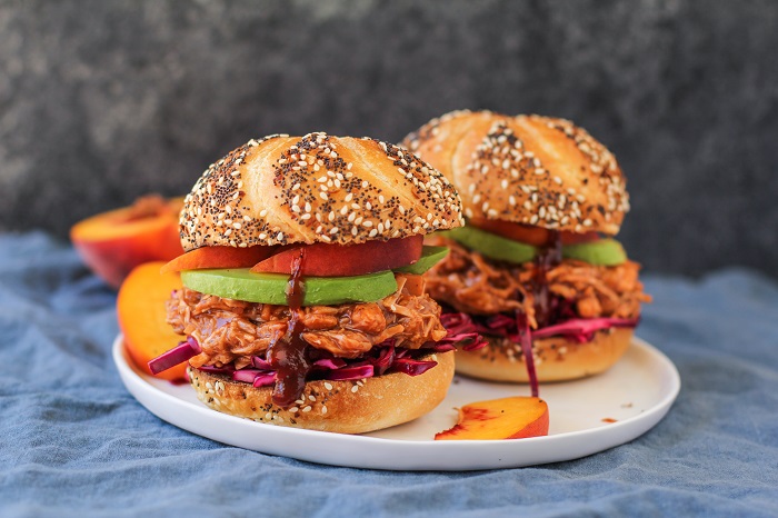 Vegan Pulled Jackfruit Sandwiches with Peach Bourbon Barbecue Sauce | TheRoastedRoot.net #healthy #vegetarian #recipe #dinner