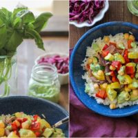 Roasted Summer Vegetable Burrito Bowls with Chickpeas and Avocado-Basil Crema | TheRoastedRoot.net #healthy #recipe #dinner #vegetarian #vegan