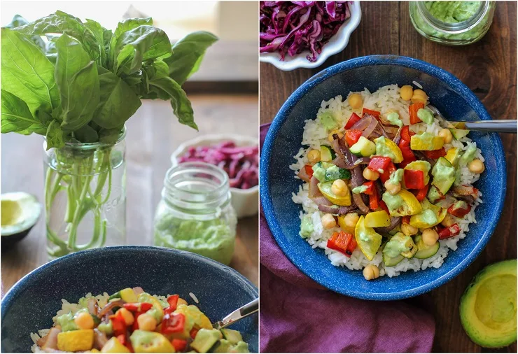 Roasted Summer Vegetable Burrito Bowls with Chickpeas and Avocado-Basil Crema | TheRoastedRoot.net #healthy #recipe #dinner #vegetarian #vegan