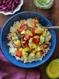 Roasted Summer Vegetable Burrito Bowls with Chickpeas and Avocado-Basil Crema | TheRoastedRoot.net #healthy #recipe #dinner #vegetarian #vegan