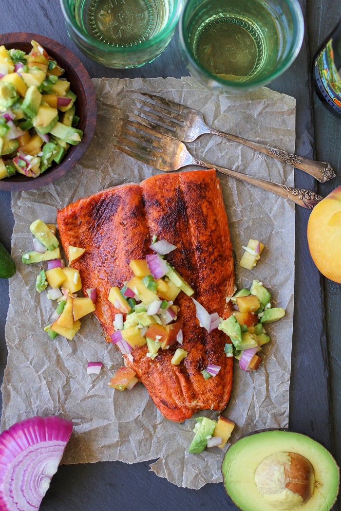 Smoky Broiled Sockeye Salmon with Peach-Avocado Salsa | TheRoastedRoot.net #healthy #dinner #recipe #paleo #whole30 #glutenfree #copperriversalmon #sustainablesalmon #wildalaskansalmon