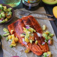 Smoky Broiled Sockeye Salmon with Peach-Avocado Salsa | TheRoastedRoot.net #healthy #dinner #recipe #paleo #whole30 #glutenfree #copperriversalmon #sustainablesalmon #wildalaskansalmon