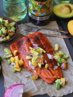 Smoky Broiled Sockeye Salmon with Peach-Avocado Salsa | TheRoastedRoot.net #healthy #dinner #recipe #paleo #whole30 #glutenfree #copperriversalmon #sustainablesalmon #wildalaskansalmon