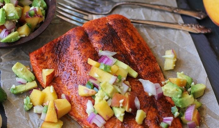 Smoky Broiled Sockeye Salmon with Peach-Avocado Salsa | TheRoastedRoot.net #healthy #dinner #recipe #paleo #whole30 #glutenfree #copperriversalmon #sustainablesalmon #wildalaskansalmon