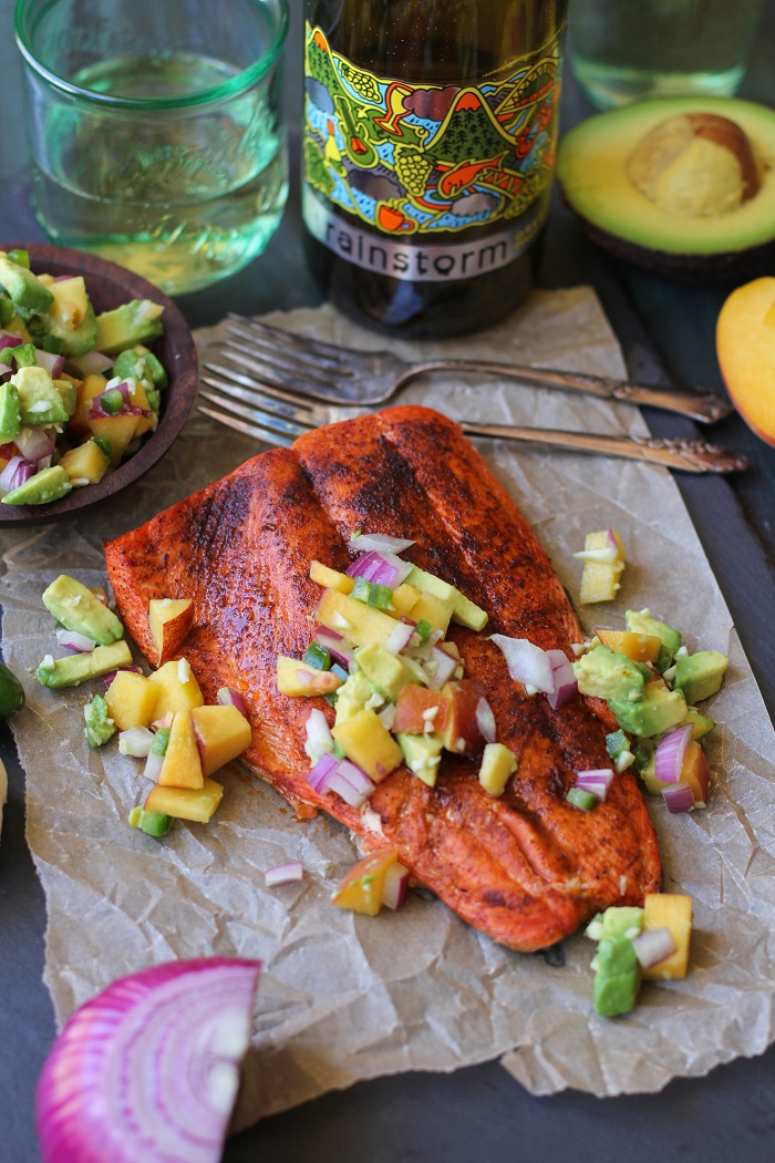 Smoky Broiled Sockeye Salmon with Peach-Avocado Salsa | TheRoastedRoot.net #healthy #dinner #recipe #paleo #whole30 #glutenfree #copperriversalmon #sustainablesalmon #wildalaskansalmon