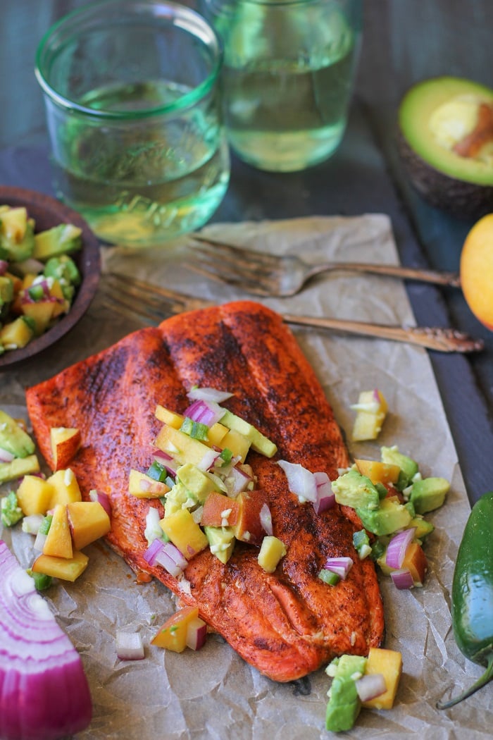 Smoky Broiled Sockeye Salmon with Peach-Avocado Salsa | TheRoastedRoot.net #healthy #dinner #recipe #paleo #whole30 #glutenfree #copperriversalmon #sustainablesalmon #wildalaskansalmon