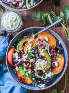 Stone Fruit Buddha Bowls with black beans, rice, greens, pistachios, and tahini green goddess dressing #vegetarian #healthy #paleo