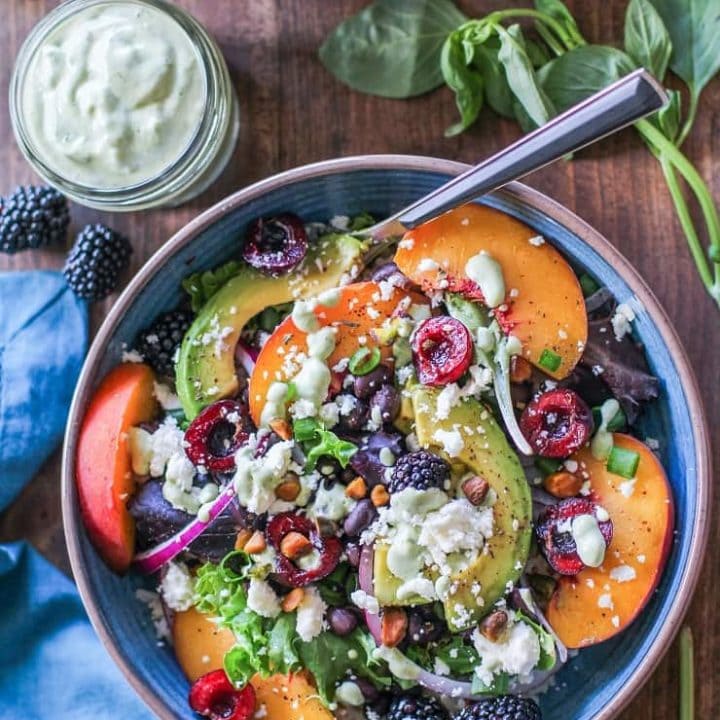 Stone Fruit Buddha Bowls with black beans, rice, greens, pistachios, and tahini green goddess dressing #vegetarian #healthy #paleo