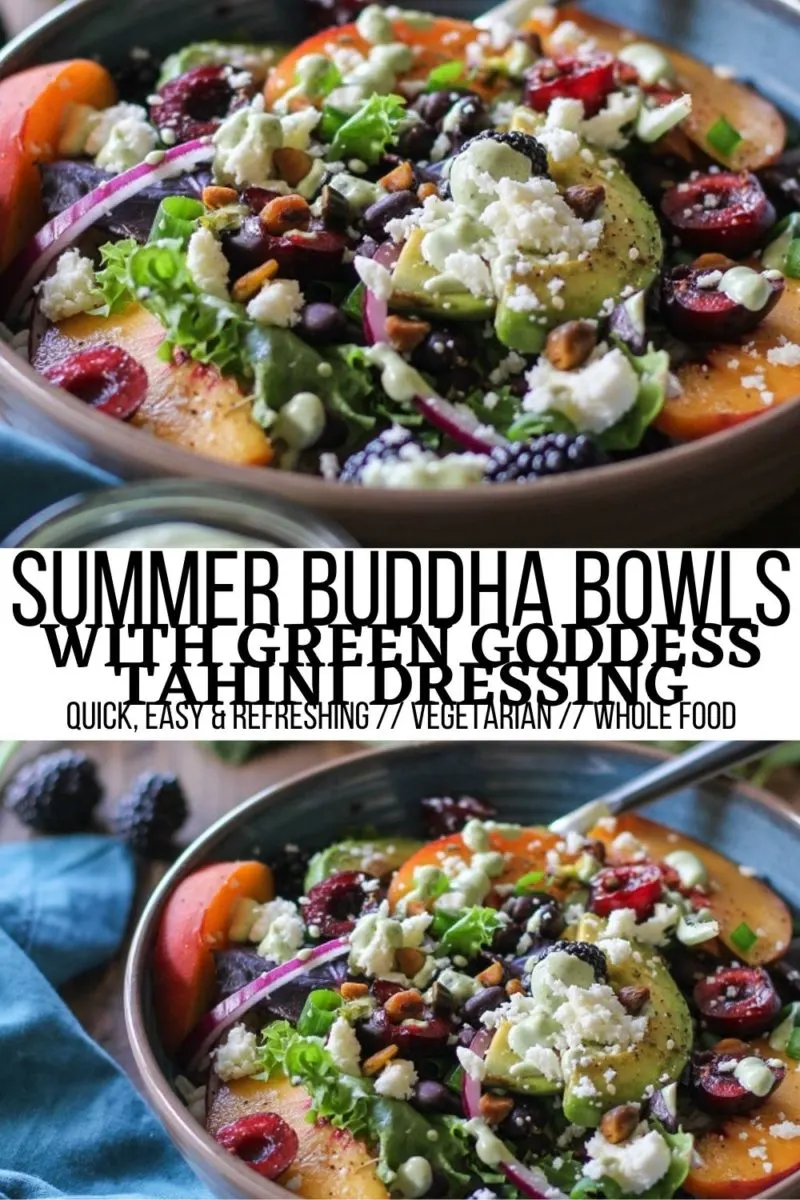 Summer Buddha Bowls with brown rice, mixed greens, summer fruit, black beans, queso fresco, and green goddess dressing | TheRoastedRoot.net #healthy #dinner #recipe #vegetarian