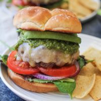 Skillet-Cooked Bison Burgers with Havarti Cheese and Pesto Sauce | TheRoastedRoot.net #recipe #burger #dinner