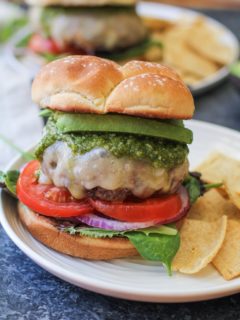 Skillet-Cooked Bison Burgers with Havarti Cheese and Pesto Sauce | TheRoastedRoot.net #recipe #burger #dinner