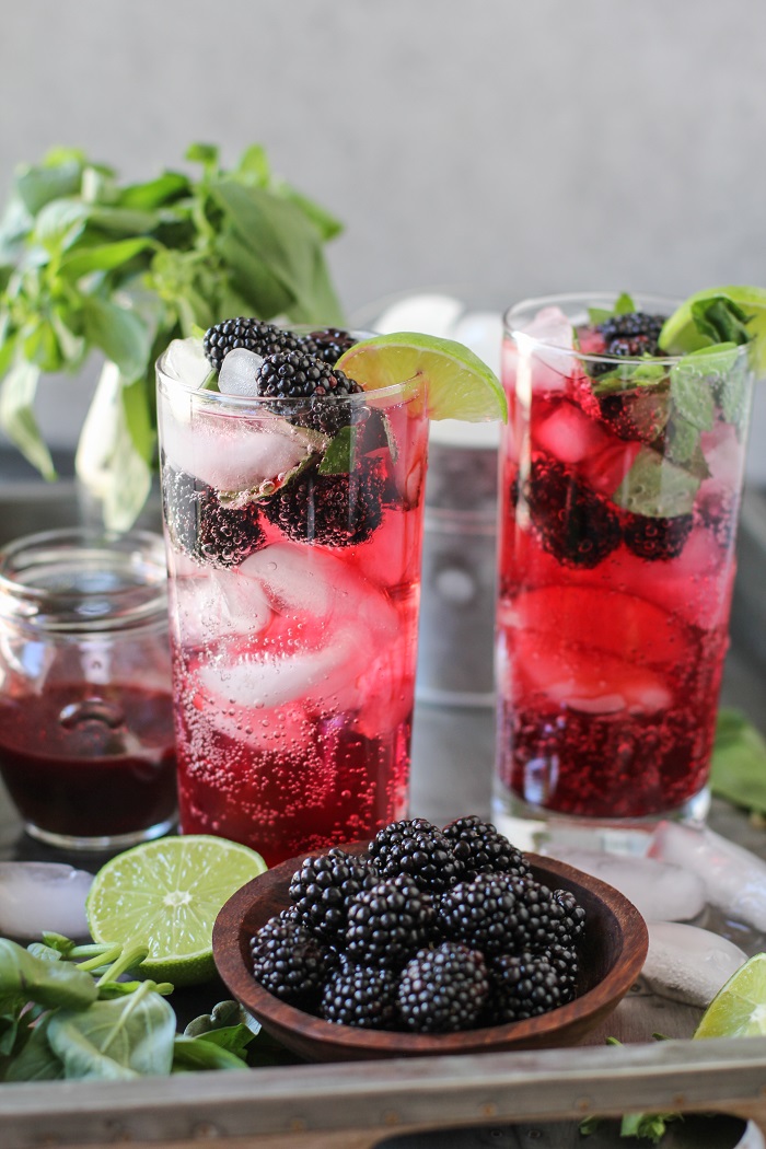 Blackberry Basil Mojitos - clean and naturally sweetened | TheRoastedRoot.net #cocktail #recipe #drink #sugarfree