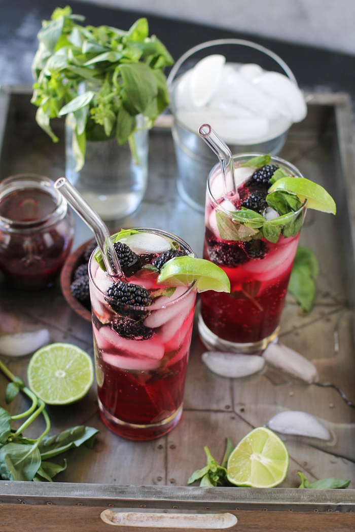 Blackberry Basil Mojitos - clean and naturally sweetened | TheRoastedRoot.net #cocktail #recipe #drink #sugarfree