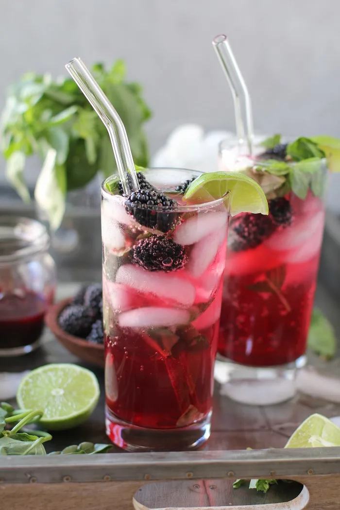 Blackberry Basil Mojitos - clean and naturally sweetened | TheRoastedRoot.net #cocktail #recipe #drink #sugarfree
