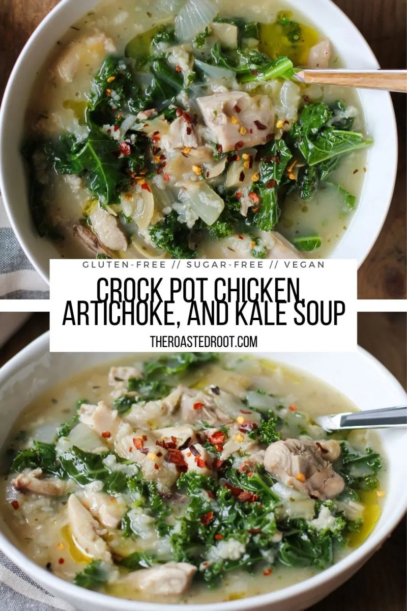Crock Pot Chicken Artichoke and Kale Soup is an easy, healthy rustic soup recipe for a belly-pleasing meal