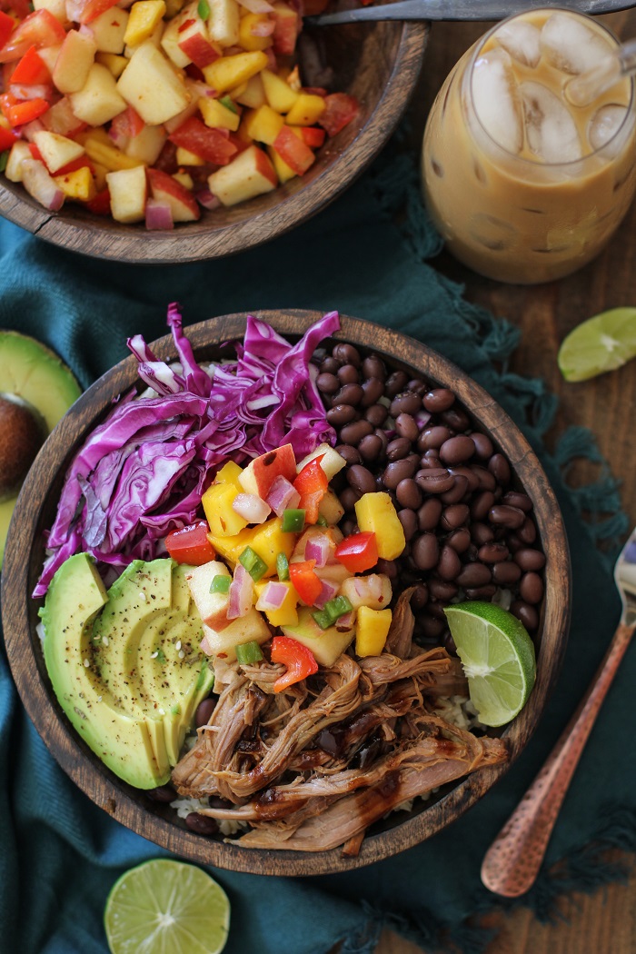 Crock Pot Hawaiian Pulled Pork Burrito Bowls | TheRoastedRoot.net #healthy #recipe #slowcooker