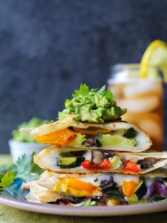 Grilled Portobello and Summer Squash Quesadillas with bell peppers and guacamole | TheRoastedRoot.net #healthy #dinner #recipe #bbq