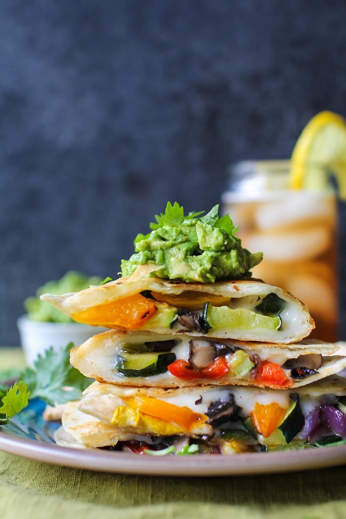 Grilled Portobello and Summer Squash Quesadillas with bell peppers and guacamole | TheRoastedRoot.net #healthy #dinner #recipe #bbq