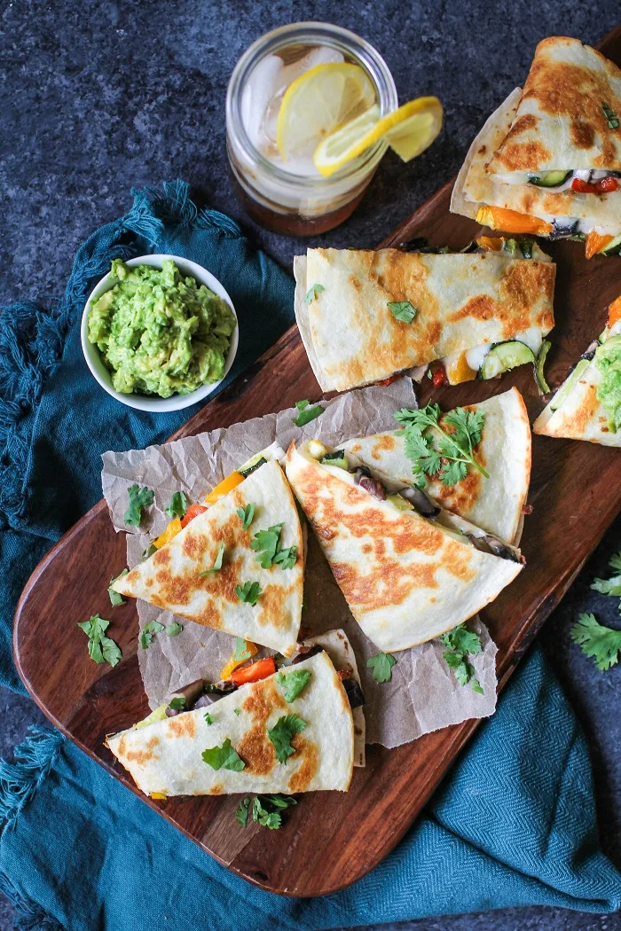 Grilled Portobello and Summer Squash Quesadillas with bell peppers and guacamole | TheRoastedRoot.net #healthy #dinner #recipe #bbq