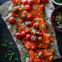 Roasted Salmon with Rosemary Lemon Garlic Butter Sauce and Blistered Tomatoes | TheRoastedRoot.net #healthy #glutenfree #dinner #recipe #copperriversalmon