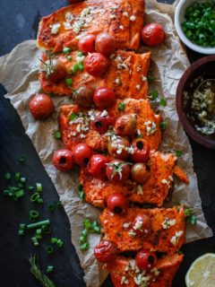 Roasted Salmon with Rosemary Lemon Garlic Butter Sauce and Blistered Tomatoes | TheRoastedRoot.net #healthy #glutenfree #dinner #recipe #copperriversalmon