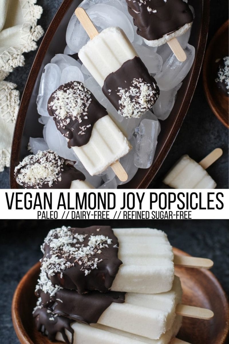 Vegan Almond Joy Popsicles - paleo, dairy-free, refined sugar-free healthier popsicle recipe that tastes like a classic Almond Joy candy bar! Make them during the heat of the summer for a special treat!