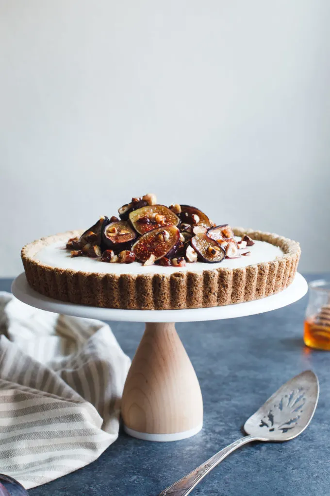 Ginger Goat Cheese Cheesecake with Roasted Figs and Hazelnuts - gluten-free dessert recipe