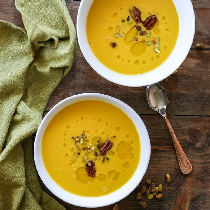 Crock Pot Butternut Squash Apple Soup - dairy-free, gluten-free, and healthy | TheRoastedRoot.net #recipe #dinner #fall