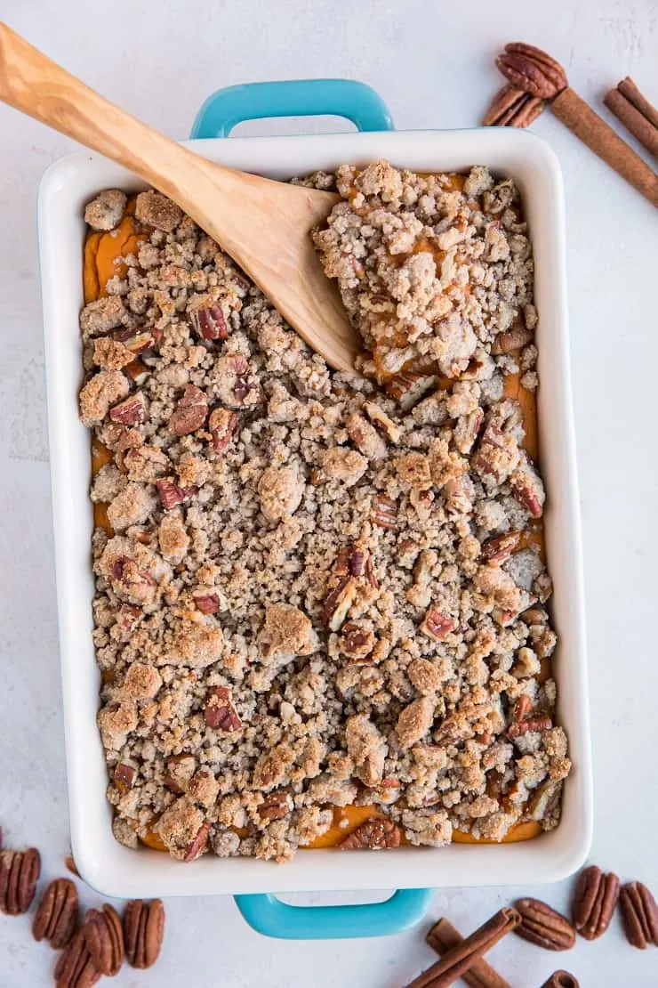 Paleo Healthy Sweet Potato Casserole made grain-free, refined sugar-free, gluten-free dairy-free and delicious! A healthier version of classic Sweet Potato Casserole