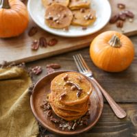 Gluten-Free Pumpkin Pancakes with Cinnamon-Bourbon Syrup | TheRoastedRoot.net #healthy #breakfast #recipe #glutenfree