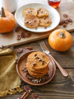 Gluten-Free Pumpkin Pancakes with Cinnamon-Bourbon Syrup | TheRoastedRoot.net #healthy #breakfast #recipe #glutenfree